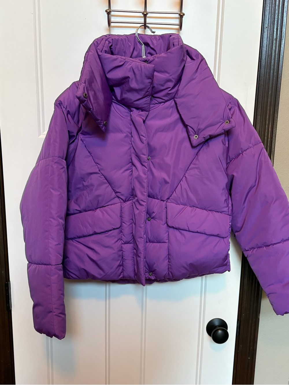 American Eagle Vibrant Purple Cropped Puffer Jacket Oversized High Collar Small